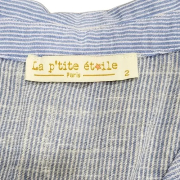La P'tite Etoile Paris Blue Linen Railroad Stripe Ruffle Blouse 2 - Picture 5 of 5